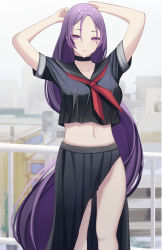 Rule 34 | 1girl, absurdres, black sailor collar, black serafuku, black shirt, building, cityscape, collarbone, crop top, crop top overhang, fate/grand order, fate (series), highres, long hair, long skirt, low-tied long hair, midriff, minamoto no raikou (fate), minamoto no raikou (fate/grand order), minamoto no raikou (swimsuit lancer) (fate), minamoto no raikou (swimsuit lancer) (second ascension) (fate), navel, neckerchief, outdoors, parted bangs, pleated skirt, purple eyes, purple hair, red neckerchief, ref (pmxt4483), rooftop, sailor collar, school uniform, serafuku, shirt, skirt, solo, standing, very long hair