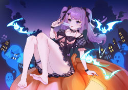 Rule 34 | 1girl, aluo 7762, arm support, ass, barefoot, bat (animal), bat wings, black bow, black dress, black wings, bow, building, commentary request, dress, feet, food, frilled dress, frills, ghost, hair bow, halloween, holding, holding food, ice cream, jack-o&#039;-lantern, long hair, looking at viewer, original, panties, pantyshot, plaid, popsicle, puffy short sleeves, puffy sleeves, purple eyes, purple hair, saliva, saliva trail, short sleeves, soles, solo, striped clothes, striped panties, toes, tongue, tongue out, twintails, underwear, very long hair, window, wings