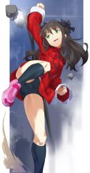 Rule 34 | 1girl, absurdres, arima miyako, black bow, black socks, black shorts, bow, brown hair, clenched hands, commentary request, green eyes, hair bow, highres, jacket, knee up, kneehighs, long sleeves, looking away, melty blood, melty blood: type lumina, open mouth, pink footwear, pretty-purin720, red jacket, shoes, shorts, smile, sneakers, socks, solo, teeth, tsukihime, tsukihime (remake), upper teeth only, uppercut