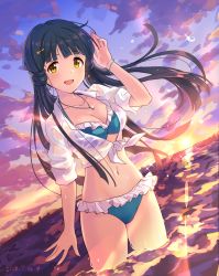 Rule 34 | 1girl, bikini, blue bikini, blue hair, bracelet, breasts, cleavage, cloud, cloudy sky, collarbone, commentary request, damokan66, dated, earrings, frilled bikini, frills, hair ornament, hairclip, hand up, highres, idolmaster, idolmaster million live!, idolmaster million live! theater days, jewelry, kitakami reika, light blush, long hair, looking at viewer, low twintails, medium breasts, navel, necklace, ocean, on water, open mouth, see-through, shirt, sky, sleeves rolled up, smile, solo, star (symbol), star earrings, star hair ornament, stomach, sunlight, sunset, swimsuit, thighs, tied shirt, twintails, wet, wet clothes, white shirt, yellow eyes