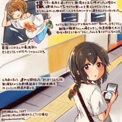 Rule 34 | 2girls, alternate costume, black hair, braid, brown eyes, brown hair, cellphone, colored pencil (medium), commentary request, dated, holding, holding phone, isonami (kancolle), kantai collection, kirisawa juuzou, kisakata iroha, long hair, multiple girls, numbered, one eye closed, open mouth, phone, shirt, short sleeves, smartphone, smile, station memories, traditional media, translation request, twin braids, twitter username, white shirt
