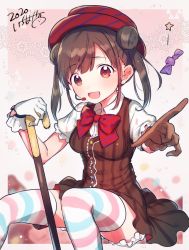 Rule 34 | 1girl, :d, asymmetrical gloves, bloomers, bow, breasts, brown dress, brown gloves, brown hair, collared shirt, commentary request, diagonal-striped bow, double bun, dress, dress shirt, feet out of frame, gloves, hair bun, ichihaya, idolmaster, idolmaster shiny colors, looking at viewer, medium breasts, mismatched gloves, open mouth, puffy short sleeves, puffy sleeves, red bow, red eyes, red headwear, shirt, short sleeves, signature, sleeveless, sleeveless dress, smile, solo, sonoda chiyoko, star (symbol), striped clothes, striped headwear, striped thighhighs, thighhighs, twintails, underwear, white bloomers, white gloves, white shirt