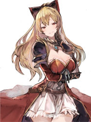 Rule 34 | 1girl, black bow, blonde hair, bow, breast hold, breasts, cleavage, commentary request, dress, empty eyes, granblue fantasy, hair bow, kemomin nosuke, large breasts, long hair, looking at viewer, ponytail, red eyes, smile, solo, vira (granblue fantasy)