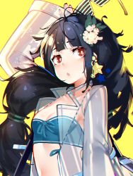 Rule 34 | 1girl, ahoge, bikini, black hair, breasts, c-ms (girls&#039; frontline), casual, chromatic aberration, cleavage, earrings, female focus, flower, girls&#039; frontline, hair flower, hair ornament, holding, jewelry, long hair, looking away, mania (fd6060 60), mole, mole under eye, open clothes, red eyes, simple background, solo, standing, swimsuit, upper body, yellow background