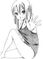 Rule 34 | 1girl, blush, greyscale, k-on!, looking at viewer, monochrome, nakano azusa, open mouth, ragho no erika, school swimsuit, simple background, solo, swimsuit, white background