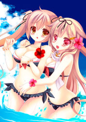 Rule 34 | 10s, 2girls, :d, adapted costume, arm around shoulder, bikini, black bikini, blonde hair, blush, breast press, breasts, chestnut mouth, cloud, day, flower, hair flaps, hair flower, hair ornament, hair ribbon, hibiscus, kantai collection, large breasts, long hair, multiple girls, murasame (kancolle), navel, open mouth, outdoors, pink eyes, remodel (kantai collection), ribbon, scarf, sky, smile, swimsuit, thigh gap, twintails, very long hair, wading, water, yuudachi (kancolle), yuutsuki hina