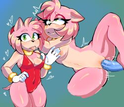Rule 34 | 1girl, amy rose, ass, body blush, breasts, cleavage, cleft of venus, colored skin, dildo, furry, furry female, gold choker, green eyes, groin tendon, highleg, highres, leotard, lip biting, mayghely, medium breasts, multiple views, navel, nipples, nude, object insertion, pink hair, pussy, pussy juice, sega, sex toy, shiny skin, sonic (series), spread legs, tail, thick thighs, thighs, tongue, tongue out, vaginal, vaginal object insertion, wet