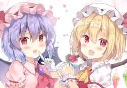 Rule 34 | 2girls, :d, ascot, bat wings, black wings, blonde hair, blush, bow, brooch, collared shirt, commentary request, crystal, fang, flandre scarlet, flower, frilled shirt collar, frills, gloves, hair between eyes, hand up, hat, hat bow, highres, holding, holding flower, index finger raised, jewelry, looking at viewer, mob cap, multiple girls, open mouth, pink headwear, pink shirt, puffy short sleeves, puffy sleeves, purple hair, red ascot, red bow, red eyes, red flower, red rose, red vest, remilia scarlet, rose, saeki sora, shirt, short sleeves, siblings, sisters, smile, touhou, upper body, vest, white gloves, white headwear, white shirt, wings, wrist cuffs, yellow ascot