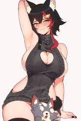 Rule 34 | 1girl, animal ear fluff, animal ears, arm up, armpits, arms behind head, between legs, black hair, black nails, black sweater, blush, breasts, brown eyes, cleavage, cleavage cutout, clothing cutout, cowboy shot, highres, hololive, large breasts, miofa (ookami mio), multicolored hair, ookami mio, red hair, sideboob, simple background, sleeveless, sleeveless sweater, solo, streaked hair, sweat, sweater, turtleneck, turtleneck sweater, varniskarnis, virtual youtuber, white background, wolf ears