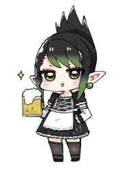 Rule 34 | 1boy, alcohol, beer, beer mug, black dress, black footwear, black hair, black thighhighs, blush, brown eyes, commentary request, cup, dress, earrings, elbow gloves, foam, folded ponytail, full body, gloves, gradient hair, green hair, hanabatake chaika, hand on own hip, holding, holding cup, jewelry, looking at viewer, male focus, mug, multicolored hair, nijisanji, nozo (hitomiz), pointy ears, puffy short sleeves, puffy sleeves, shoes, short sleeves, sidelocks, simple background, solo, sparkle, standing, thighhighs, v-shaped eyebrows, virtual youtuber, white background, white gloves