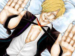 Rule 34 | 1boy, blonde hair, formal, hair over one eye, lying, male focus, necktie, noenga, on back, one piece, open clothes, open shirt, sanji (one piece), shirt, solo, suit, x (symbol)