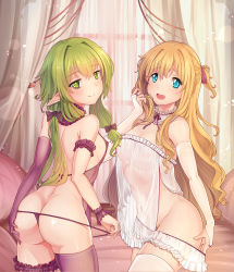 Rule 34 | 10s, 2girls, :&gt;, arched back, arm behind back, arm garter, ass, bad id, bad pixiv id, bare shoulders, bed, blonde hair, blue eyes, blush, bow, breasts, bridal garter, bridal gauntlets, chinese clothes, commentary request, covered erect nipples, cowboy shot, curtains, detached collar, dudou, elf, from side, gloves, goblin slayer!, green eyes, green hair, hair bow, half-closed eyes, hand in own hair, high elf archer (goblin slayer!), highres, indoors, lingerie, long hair, looking at viewer, looking back, multiple girls, open mouth, panties, panty pull, pointy ears, priestess (goblin slayer!), pulling own clothes, purple bow, purple gloves, purple legwear, rhineheim, see-through, shiny skin, side ponytail, single glove, single thighhigh, small breasts, smile, standing, string panties, thighhighs, thong, underwear, white legwear, window, wrist cuffs