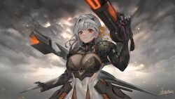Rule 34 | 1girl, arepko, bandages, breasts, cleavage, goddess of victory: nikke, highres, large breasts, looking at viewer, mechanical parts, modernia (nikke), red eyes, see-through, see-through cleavage, solo, weapon, white hair