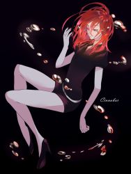 Rule 34 | 1other, androgynous, black background, character name, cinnabar (houseki no kuni), colored eyelashes, crying, crying with eyes open, floating, gem uniform (houseki no kuni), highres, houseki no kuni, kate iwana, mercury (element), nail polish, necktie, other focus, red eyes, red hair, short hair, simple background, solo, tears