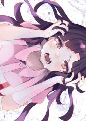 Rule 34 | 1girl, abstract background, apron, bandaged arm, bandages, black hair, chromatic aberration, collared shirt, crying, crying with eyes open, danganronpa (series), danganronpa 2: goodbye despair, hands in hair, hands on own head, highres, long hair, mole, mole under eye, nakiyande, open mouth, pink eyes, pink shirt, puffy short sleeves, puffy sleeves, shirt, short sleeves, sideways, simple background, solo, tears, tsumiki mikan, white apron, white background