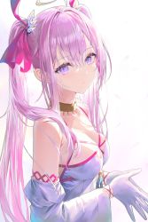 Rule 34 | 1girl, absurdres, ahoge, breasts, closed mouth, commentary, detached sleeves, dress, from side, gloves, hair between eyes, hair ribbon, highres, long hair, long sleeves, looking at viewer, medium breasts, na sera, nijisanji, nijisanji kr, own hands together, pink hair, purple eyes, red ribbon, ribbon, rin yuu, sidelocks, simple background, solo, symbol-only commentary, twintails, virtual youtuber, white background, white dress, white gloves, yellow collar