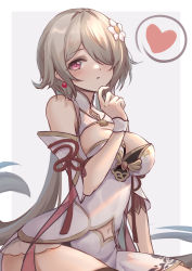 Rule 34 | 1girl, absurdres, bare shoulders, border, breasts, brown hair, china dress, chinese clothes, cleavage, closed mouth, dress, earrings, flower, grey background, hair flower, hair ornament, hair over one eye, heart, highres, honkai (series), honkai impact 3rd, jewelry, long hair, looking at viewer, navel, purple eyes, rita rossweisse, rita rossweisse (artemis), simple background, spoken heart, twintails, white border, white flower, yelan xing xuan