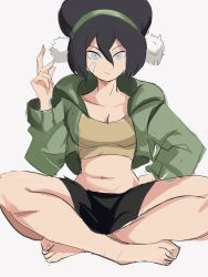 Rule 34 | 1girl, avatar legends, bandage on face, bandages, black hair, blind, breasts, cleavage, highres, jacket, nickelodeon, rakeemspoon, shorts, solo, toph bei fong