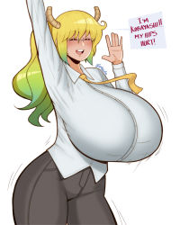 Rule 34 | 1girl, artist name, black pants, blonde hair, blush, breasts, closed eyes, cosplay, curvy, dragon girl, dragon horns, english text, gigantic breasts, glasses, green hair, highres, horns, impossible clothes, joylewds, kobayashi-san chi no maidragon, kobayashi (maidragon) (cosplay), long hair, lucoa (maidragon), motion lines, necktie, open mouth, pants, shirt, smile, solo, thick thighs, thighs, tight clothes, tight pants, waving, white shirt, wide hips, yellow necktie