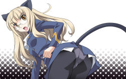 Rule 34 | 1girl, animal ears, ass, bad id, bad pixiv id, bent over, blonde hair, cat ears, cat tail, glasses, long hair, nyoro (nyoronyoro000), open mouth, panties, panties under pantyhose, pantyhose, perrine h. clostermann, solo, strike witches, tail, trefoil, underwear, uniform, world witches series, yellow eyes