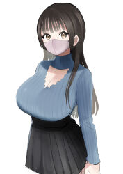 Rule 34 | 1girl, absurdres, arms at sides, black hair, black skirt, blue sweater, blunt bangs, breasts, brown eyes, cleavage, cleavage cutout, clothing cutout, commentary request, cowboy shot, highres, large breasts, long hair, long sleeves, looking at viewer, makosu (toilet mania), mask, mouth mask, original, pleated skirt, simple background, skirt, solo, standing, sweater, turtleneck, turtleneck sweater, very long hair, white background