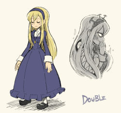 Rule 34 | 1girl, alternate costume, bad id, bad pixiv id, black footwear, blonde hair, blue dress, buttons, character name, cross, cross necklace, double (skullgirls), dress, closed eyes, full body, hairband, headdress, inactive account, jewelry, long hair, mary janes, monster, monster girl, necklace, nun, shoes, skullgirls, smile, aged down