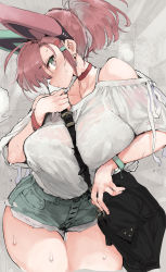 Rule 34 | 1girl, animal ears, bag, bare shoulders, between breasts, blush, bra, bra visible through clothes, bracelet, breasts, choker, closed mouth, denim, denim shorts, earrings, fake animal ears, grey background, hair ornament, hairclip, highres, hyocorou, jewelry, kyouka jinrui amunero, large breasts, looking at viewer, myuka (kyouka jinrui amunero), pink hair, ponytail, red choker, see-through, shirt, short shorts, shorts, shoulder bag, solo, sparkle, strap between breasts, sweat, underwear, wet, wet clothes, white bra, white shirt