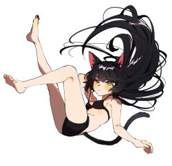 Rule 34 | 1girl, :&lt;, animal ears, barefoot, blush, bra, breasts, cat ears, cat girl, cat tail, floating hair, full body, highres, hyamoo, long hair, original, small breasts, solo, tail, underwear, underwear only, very long hair, yellow eyes