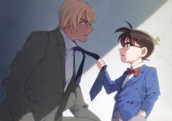 Rule 34 | 2boys, amuro tooru, black-framed eyewear, blazer, blonde hair, blue eyes, blue jacket, blue neckwear, blurry, bow, bowtie, brown hair, buttons, child, collared shirt, commentary request, depth of field, edogawa conan, eye contact, formal, from side, glasses, grey jacket, grey shorts, grey suit, hair between eyes, hand in pocket, height difference, jacket, k (gear labo), leaning forward, long sleeves, looking at another, male focus, meitantei conan, multiple boys, necktie, necktie grab, neckwear grab, parted lips, profile, red bow, red neckwear, shadow, shirt, short hair, shorts, smile, suit, white shirt