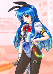Rule 34 | 1girl, animal ears, black pantyhose, blue hair, blue leotard, bow, breasts, chain, contrapposto, covered navel, cowboy shot, gradient leotard, hand on own hip, hinanawi tenshi, holding, holding weapon, leg belt, leotard, long hair, looking at viewer, mail (mail gell), neck ribbon, pantyhose, playboy bunny, puffy short sleeves, puffy sleeves, rabbit ears, rabbit tail, red bow, red eyes, ribbon, shirt, short sleeves, small breasts, solo, standing, sword, sword of hisou, tail, touhou, weapon, white shirt, wrist cuffs