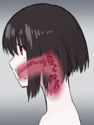 Rule 34 | 1girl, black hair, bob cut, brown hair, closed mouth, expressionless, gradient background, grey background, hana (yuta), highres, monster girl, nude, original, portrait, profile, red eyes, shokushi yuu, short hair, simple background, solo, x-ray