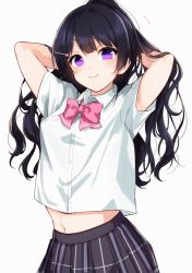 Rule 34 | 1girl, arms behind head, arms up, bad id, bad twitter id, black hair, black skirt, bow, bowtie, collared shirt, crop top, crop top overhang, goroo (eneosu), hair ornament, hairclip, high-waist skirt, highres, long hair, looking at viewer, midriff, midriff peek, miniskirt, navel, nijisanji, notice lines, plaid, plaid skirt, pleated skirt, ponytail, purple eyes, shirt, short sleeves, simple background, skirt, smile, solo, tsukino mito, tsukino mito (3rd costume), upper body, virtual youtuber, white background, white shirt