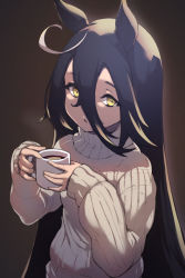 Rule 34 | 1girl, :o, ahoge, animal ears, beige sweater, brown background, brown eyes, brown hair, coffee, coffee mug, cup, hair between eyes, holding, holding cup, horse ears, horse girl, looking to the side, manhattan cafe (umamusume), mug, open mouth, solo, sweater, tsunakunmild, turtleneck, turtleneck sweater, umamusume, upper body