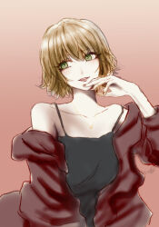 Rule 34 | 1girl, black camisole, brown background, brown hair, camisole, collarbone, commentary request, gradient background, green eyes, hair between eyes, highres, jacket, jewelry, necklace, open clothes, open jacket, original, parted lips, red jacket, sakashima 0822, short hair, signature, single off shoulder, solo, spaghetti strap, upper body