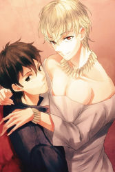Rule 34 | 2boys, blonde hair, bracelet, brown eyes, brown hair, casual, clothes pull, fate/zero, fate (series), gilgamesh (fate), jewelry, kotomine kirei, male focus, multiple boys, necklace, official alternate costume, red eyes, shirt pull, syunga