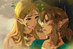Rule 34 | 1boy, 1girl, blonde hair, blood, blood on clothes, blood on face, blue eyes, blue tunic, crying, dirty, dirty clothes, dirty face, dress, earrings, green eyes, hair between eyes, highres, injury, jewelry, link, long hair, looking at another, low ponytail, medium hair, necklace, nintendo, parted bangs, parted lips, pointy ears, princess zelda, rain, sidelocks, softp3ach, strapless, strapless dress, tears, the legend of zelda, the legend of zelda: breath of the wild, tree, upper body, water drop