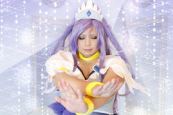 Rule 34 | 1girl, ankle boots, asian, blue eyes, blue hair, boots, bow, bracelet, breasts, choker, chouzuki maryou, cosplay, cure diamond, cure diamond (cosplay), dokidoki! precure, dress, closed eyes, headpiece, jewelry, large breasts, long hair, magical girl, matching hair/eyes, photo (medium), plump, ponytail, precure, puffy short sleeves, puffy sleeves, ribbon, short sleeves, solo, tiara