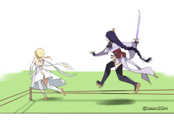 Rule 34 | 2girls, armor, backless outfit, blonde hair, braid, bridal gauntlets, chasing, commentary, dress, english commentary, genshin impact, hair ornament, highres, holding, holding sword, holding weapon, japanese clothes, jason kim, katana, kimono, long hair, long sleeves, lumine (genshin impact), multiple girls, obi, purple hair, raiden shogun, running, sash, scarf, shoulder armor, sword, thighhighs, twitter username, weapon, white background, white dress, wide sleeves