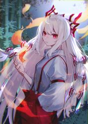 Rule 34 | 1girl, arm strap, bamboo, bamboo forest, bow, collared shirt, commentary request, cowboy shot, fire, forest, fujiwara no mokou, hair bow, hand up, highres, long hair, long sleeves, looking at viewer, murumuru (pixiv51689952), nature, night, outdoors, pants, parted lips, red bow, red eyes, red pants, shirt, solo, suspenders, touhou, very long hair, white bow, white shirt