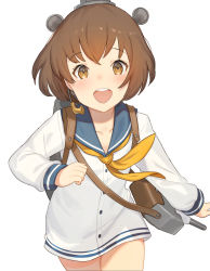 Rule 34 | 1girl, bad id, bad twitter id, blush, brown eyes, brown hair, dress, headgear, highres, kantai collection, km yama, long sleeves, neckerchief, open mouth, rigging, sailor collar, sailor dress, short hair, simple background, solo, speaking tube headset, white background, yellow neckerchief, yukikaze (kancolle)