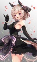 Rule 34 | 1girl, animal ears, bare shoulders, black dress, black gloves, bow, bracelet, breasts, brown hair, cowboy shot, curren chan (sakutsuki ma cherie) (umamusume), curren chan (umamusume), dress, dress bow, ear covers, elbow gloves, from side, glint, gloves, highres, horse ears, horse girl, horse tail, jewelry, looking at viewer, looking to the side, medium breasts, meyamu, open mouth, petals, pinky out, purple eyes, short hair, sleeveless, sleeveless dress, smile, solo, tail, umamusume, wedding dress