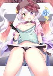 Rule 34 | 10s, 1boy, :d, androgynous, book, cabbie hat, diamond (shape), feathers, foreshortening, green eyes, grey hair, hat, heart, heterochromia, highres, knees together feet apart, male focus, navel, no game no life, off shoulder, open mouth, purple eyes, quill, short shorts, shorts, smile, solo, spade, sukage, symbol-shaped pupils, tet (no game no life), teto (no game no life), trap
