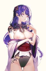 Rule 34 | 1girl, arm under breasts, breasts, breasts out, cowboy shot, genshin impact, hand up, highres, holding, holding own hair, iumu, japanese clothes, kimono, large breasts, long hair, looking away, nipples, off shoulder, parted lips, purple eyes, purple hair, purple kimono, raiden shogun, simple background, solo, thighs, white background