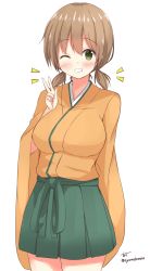 Rule 34 | 10s, 1girl, alternate hairstyle, breasts, brown eyes, brown hair, chaa (korone-ze), female focus, hakama, hakama short skirt, hakama skirt, highres, hiryuu (kancolle), japanese clothes, kantai collection, large breasts, one eye closed, short hair, short twintails, simple background, skirt, smile, solo, twintails, v, white background