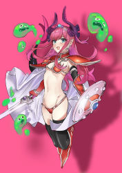 Rule 34 | 1girl, armor, bikini armor, black gloves, black thighhighs, blue eyes, blush, breasts, cape, dragon horns, dragon tail, earrings, elbow gloves, elizabeth bathory (brave) (fate), elizabeth bathory (fate), elizabeth bathory (fate/extra ccc), fang, fate/grand order, fate (series), gauntlets, gloves, highres, holding, holding shield, holding sword, holding weapon, horns, jewelry, long hair, looking at viewer, navel, open mouth, pauldrons, pink hair, pointy ears, red armor, shield, shoulder armor, slime (dragon quest), sword, tail, tears, teshima nari, thighhighs, tiara, weapon