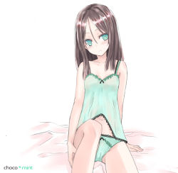 Rule 34 | 1girl, aqua eyes, arm support, bare legs, bare shoulders, bed sheet, blush, bow, bow panties, breasts, brown hair, cameltoe, camisole, cleavage, colored eyelashes, green eyes, green panties, lingerie, nabeshima tetsuhiro, navel, original, panties, ringed eyes, sitting, small breasts, solo, @ @, underwear, underwear only