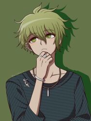 Rule 34 | 1boy, :&lt;, amami rantaro, artist name, bracelet, collarbone, danganronpa (series), danganronpa v3: killing harmony, ear piercing, green background, green hair, hand on own chin, hand up, highres, jewelry, long sleeves, looking up, male focus, messy hair, necklace, piercing, ring, shirt, short hair, simple background, solo, striped clothes, striped shirt, suiren yurei, upper body