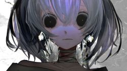 Rule 34 | 052 (saniiiwan), 1girl, bandaged neck, bandages, black eyes, blood, bloody bandages, commentary request, expressionless, flower, grey hair, highres, looking at viewer, medium hair, no pupils, original, portrait, snowdrop (flower), solo, white background