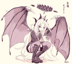 Rule 34 | 1girl, bat wings, black gloves, black wings, blue archive, boots, demon horns, fantomyu, gloves, hair ornament, hairclip, halo, hina (blue archive), horns, long hair, monochrome, squatting, thighhighs, very long hair, wings