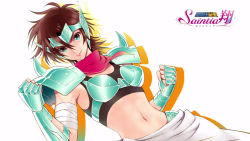 Rule 34 | 1girl, armor, bikini armor, black tank top, brown hair, clenched hand, copyright name, end card, fingerless gloves, gauntlets, gloves, green eyes, hair between eyes, looking at viewer, midriff, navel, official art, pauldrons, red neckwear, saint seiya, saint seiya saintia sho, short hair, shoulder armor, simple background, smile, solo, standing, stomach, tank top, white background